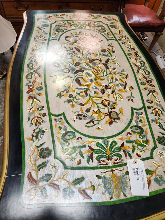 LOUIS XV CARVED GILTWOOD TABLE WITH INTRICATE FLORAL AND BIRD INLAY