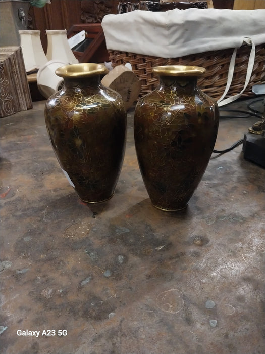PAIR OF SMALL BROWN CLOISSONE VASES