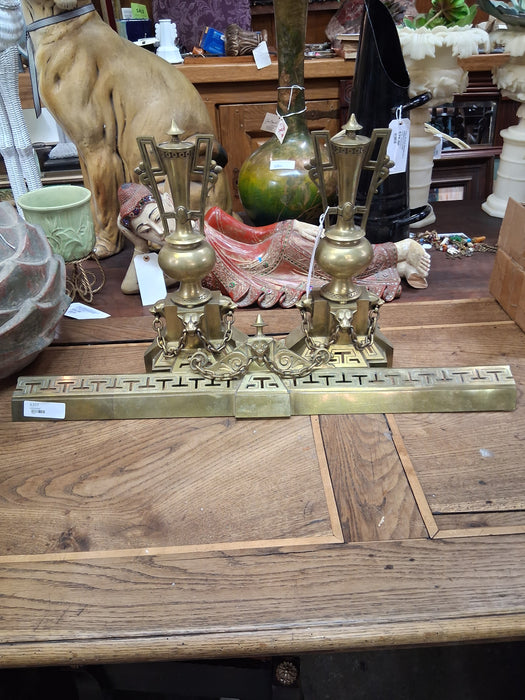 ORNATED BRASS ANDIRON SET WITH LIONS