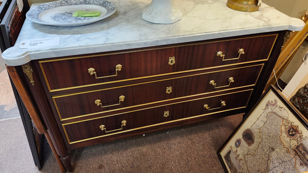 LOUIS XVI WHITE MARBLE TOP LOW 3 DRAWER MAHOGANY CHEST WITH BRASS TRIM