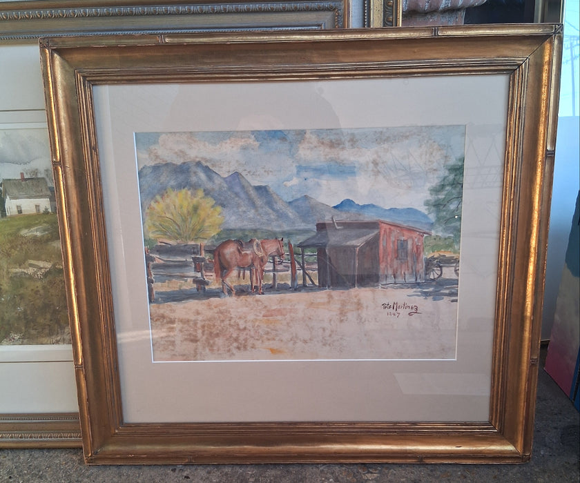 FRAMED WATER COLOR OF A HORSE AND RED WOOD SHACK SIGNED PETE MARTINEZ-AS FOUND