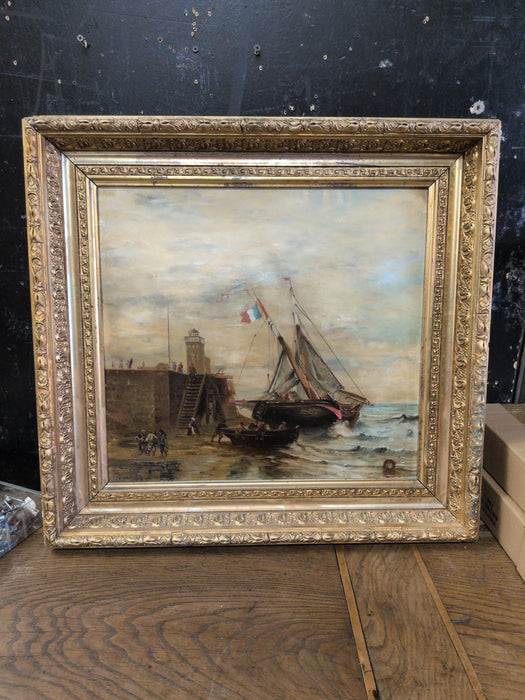 GOLD FRAMED OIL PAINTING OF BOATS AT PORT