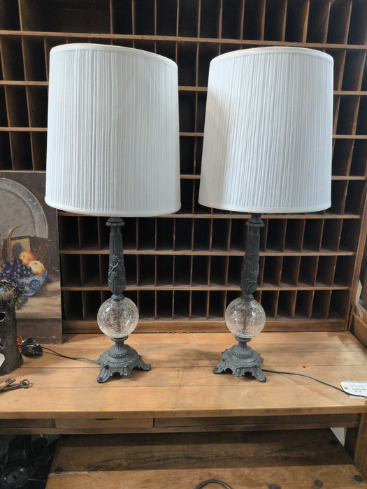 PAIR OF SPELTER WITH CRACKLE GLASS BALL LAMPS WITH SHADES