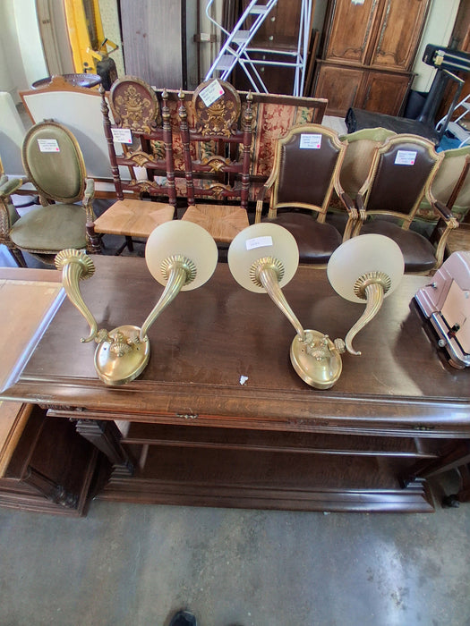 PAIR OF BRASS 2 ARM SCONCES **MISSING ONE GLASS SHADE**
