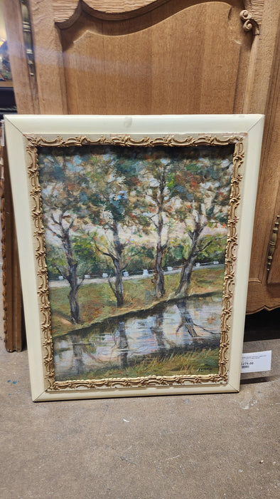 LARGE FRAMED VERTICAL LANDSCAPE WITH TREES ALOND A RIVER PAINTING
