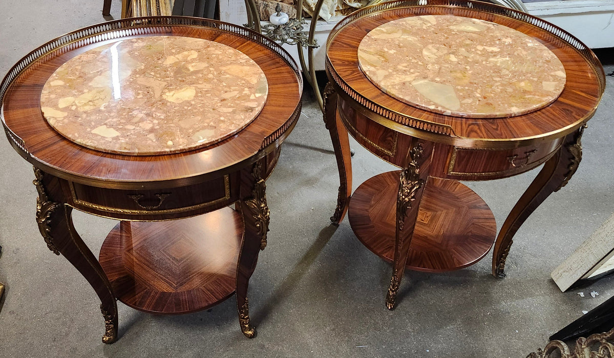 PAIR OF ROUND MARBLE TOP SIDE TABLES WITH DRAWER