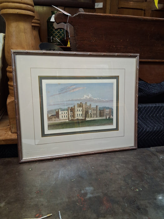 REEDED GILT FRAMED W. WALLIS STEEL ENGRAVING OF A CASTLE BY J.P. NEALE