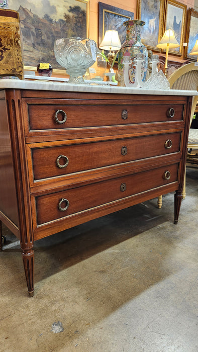 VINTAGE LOUIS XVI MAHOGANY WHITE MARBLE TOP CHEST