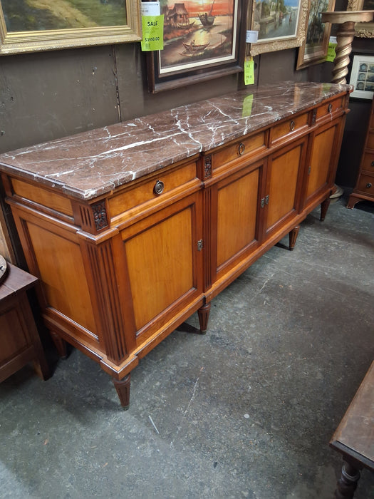 LOUSI XVI CHERRY BROWN MARBLE TOP 4 DOOR SIDEBOARD