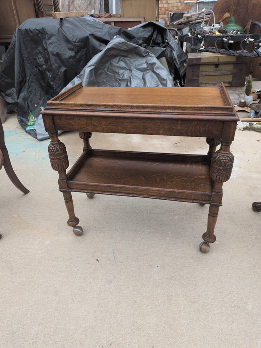 OAK TEA CART WITH BULBOUS CARVED LEG 2 TIER