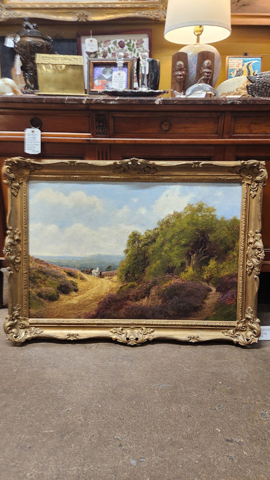 GILT FRAMED LANDSCAPE OIL PAINTING WITH HORSE AND WAGON ON ROAD-SIGNED JOHN CLAYTON ADAMS