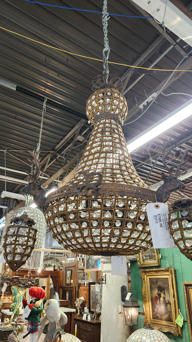 BEADED WITH BRASS STAG HEAD CHANDELIER