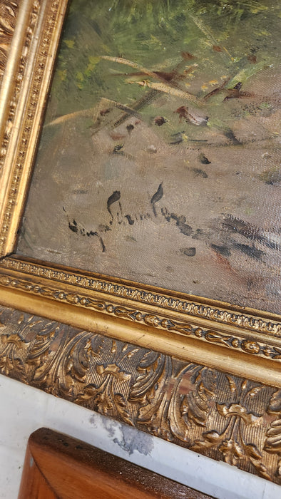 PAIR OF GILT FRAMED OIL PAINTINGs OF DOGS SIGNED SCHOUTEN