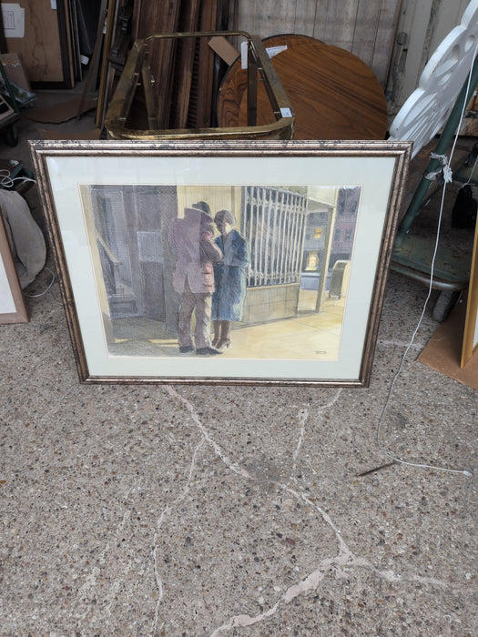 FRAMED WATER COLOR OF A MAN AND WOMAN CONVERSING BY A STOREFRONT BY GEORGE KAWKINS