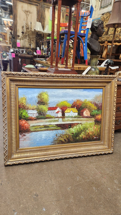 LARGE FRAMED RURAL VILLAGE OIL PAINTING ON CANVAS, SIGNED
