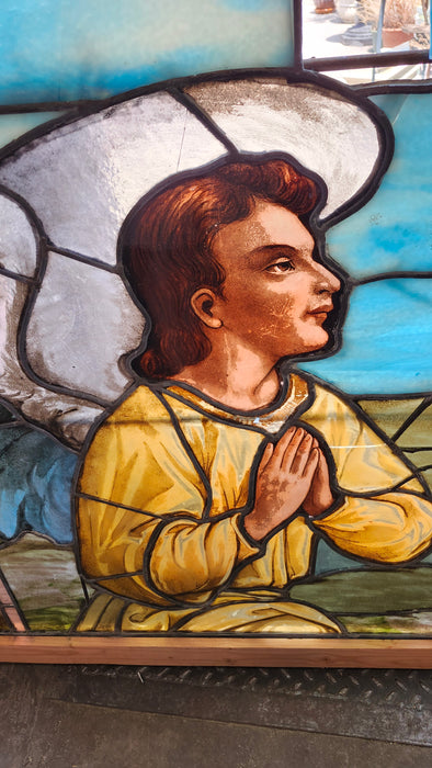 LARGE PAINTED AND STAINED GLASS WINDOW WITH ANGEL AS FOUND