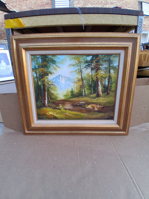 FRAMED LANDSCAPE OIL PAINTING OF TREES AND A MOUNTAIN SIGNED HENRY