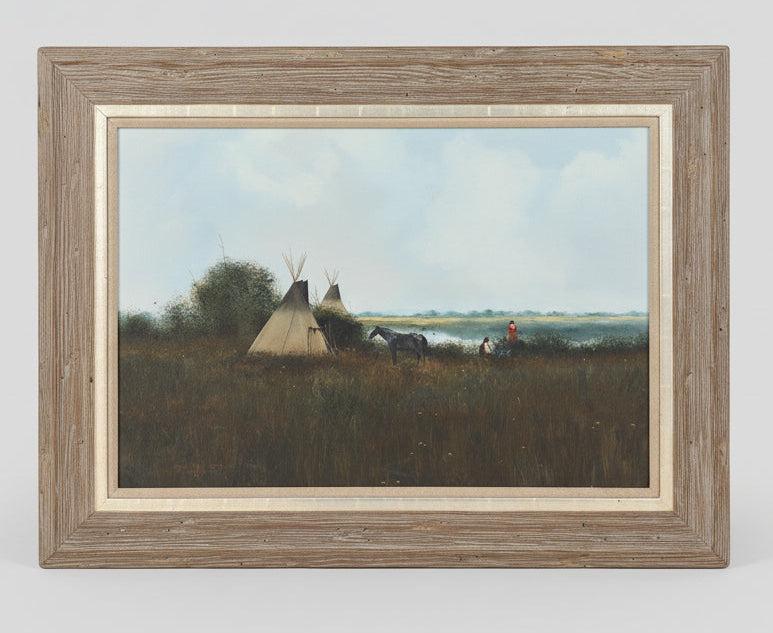 FRAMED OIL PAINTING OF TEEPEES AND A HORSE SIGNED DOUGLAS RICKS