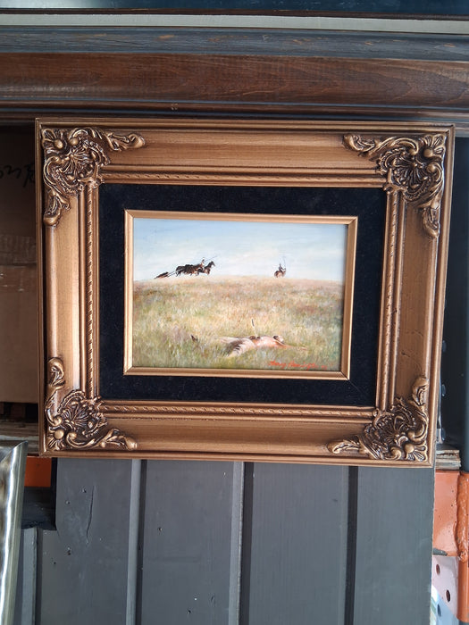SMALL FRAMED OIL PAINTING ON BOARD OF INDIANS KILL A WHITE MAN SIGNED SHERRY HERRINGTON CIRCA 1993