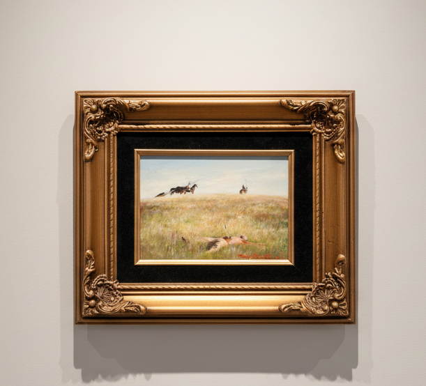 SMALL FRAMED OIL PAINTING ON BOARD OF INDIANS KILL A WHITE MAN SIGNED SHERRY HERRINGTON CIRCA 1993