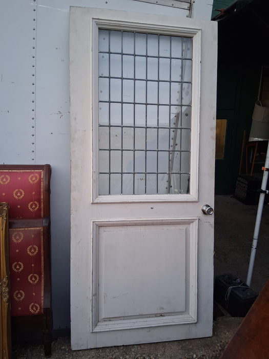 ANTIQUE PAINTED SOLID WOOD DOOR WITH LEADED GLASS WINDOW