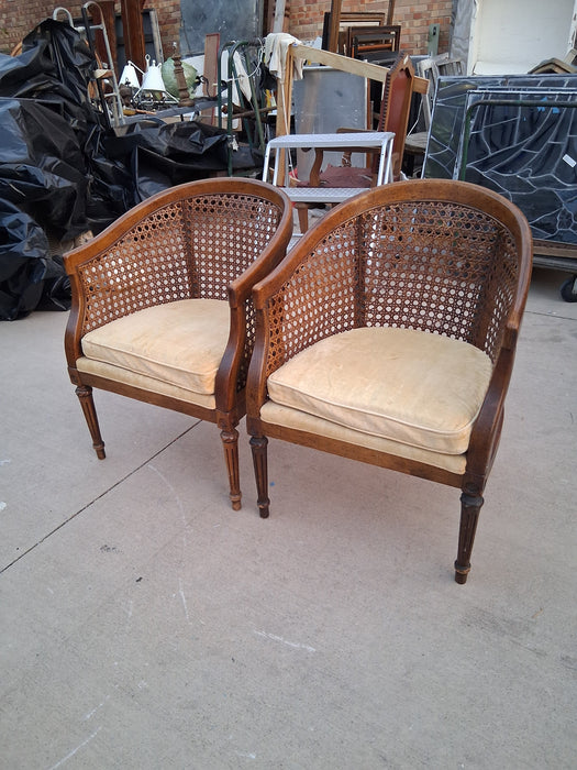 PAIR OF CANED BACK LOUIS XVI BARREL BACK STYLE ARM CHAIRS AS FOUND UPHOLSTERY