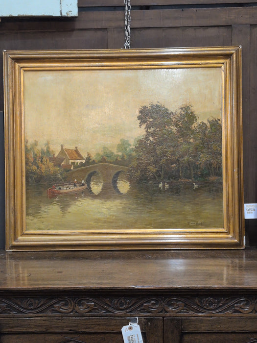 LARGE WOOD FRAMED 19TH CENTURY RIVER SCENE LANDSCAPE OIL PAINTING WITH BRIDGE AND SWAN - SIGNED E. VAN HOECK