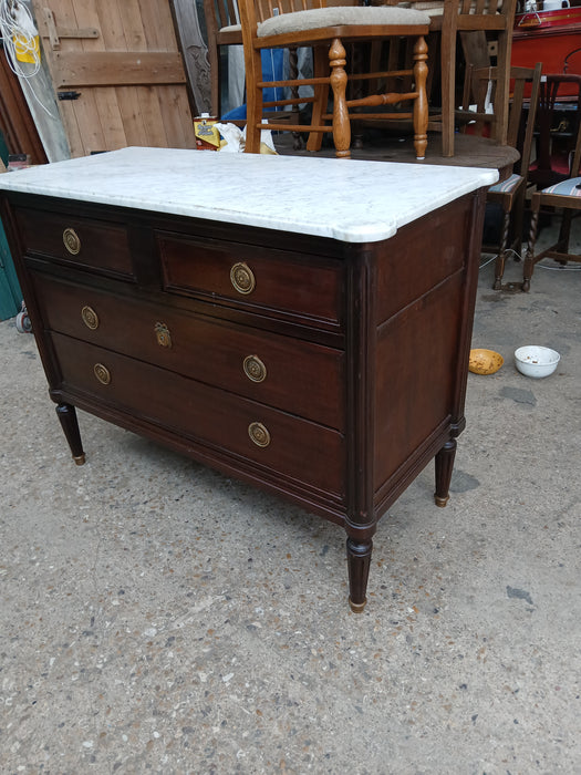 LOUIS XVI DARK MARBLE TOP 4 DRAWER CHEST WITH RIG PULLS