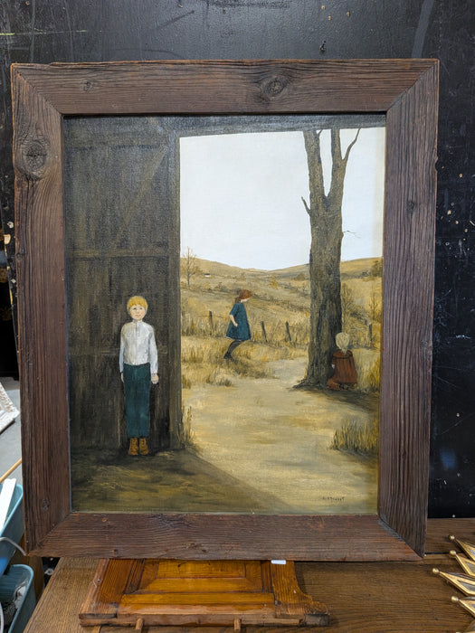 FRAMED FOLK ART OIL PAINTIMG "HIDE AND GO SEEK" SIGNED JAY STEWART 1916 -2018
