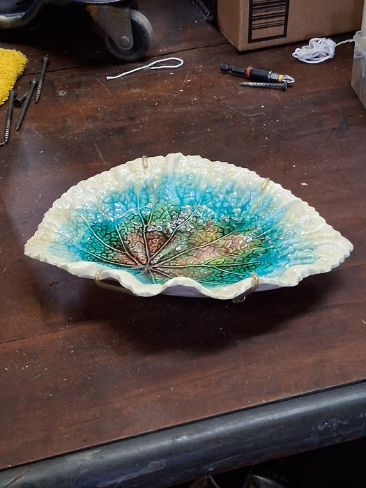 MAJOLICA BLUE AND BROWN LEAF DISH
