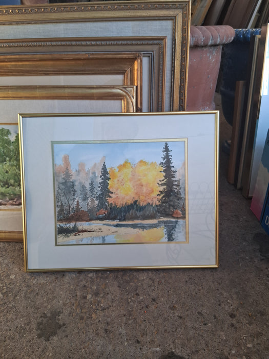 FRAMED WATERCOLOR OF COLORADO GREEN TREES AND YELLOW TREES SIGNED JO ELLA BLACKBURN