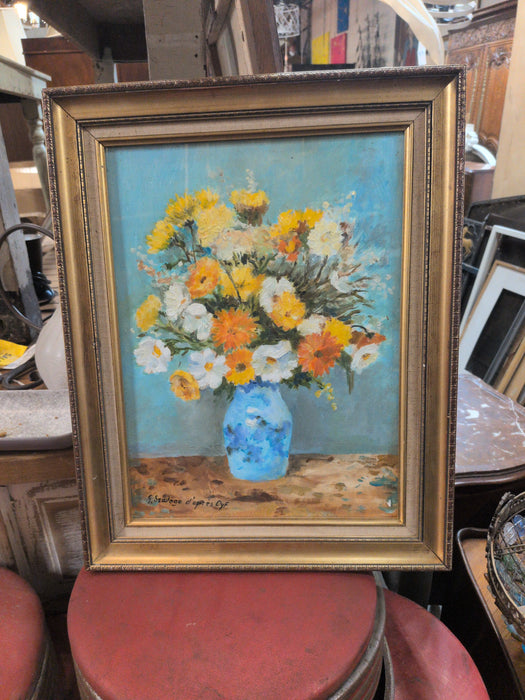 GOLD FRAMED FLORAL OIL PAINTING ON BOARD UNDER GLASS - SIGNED G. SAUVAGE