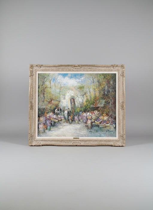 LARGE FRAMED GERMAN IMPRESSIONIST OIL PAINTING OF A FLOWER MARKET- SIGNED WILL BAUER
