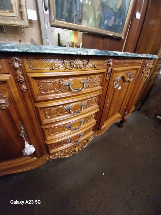 LARGE LOUIS XV CHERRY SIDEBOARD WITH GREEN MARBLE TOP