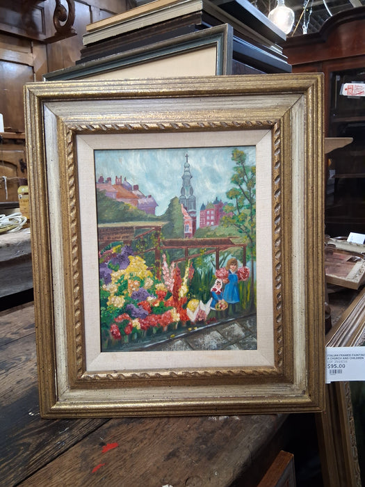 ITALIAN FRAMED PAINTING OF A CHURCH AND CHILDREN
