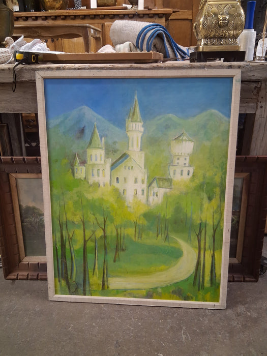 FRAMED CASTLE PAINTING IN GREEN HUES