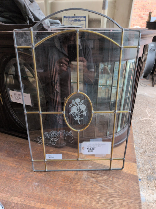 LEADED FLORAL ETCHED WINDOW WITH BRASS CAMING 1 OF 2