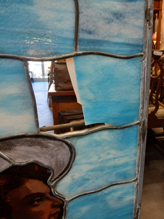 LARGE PAINTED AND STAINED GLASS WINDOW WITH ANGEL AS FOUND