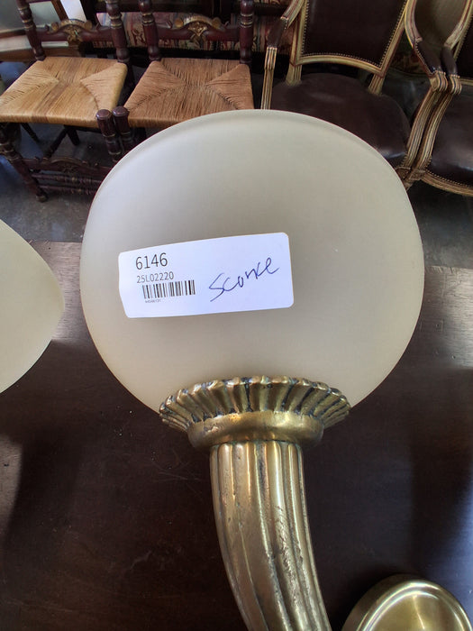 PAIR OF BRASS 2 ARM SCONCES **MISSING ONE GLASS SHADE**