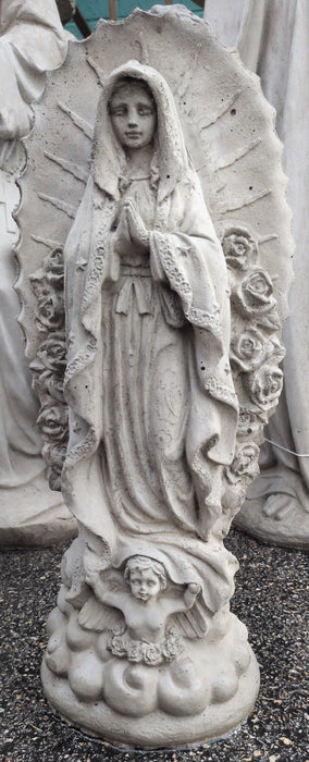 SMALL CONCRETE OUR LADY OF GUADALUPE STATUE WITH ROSES