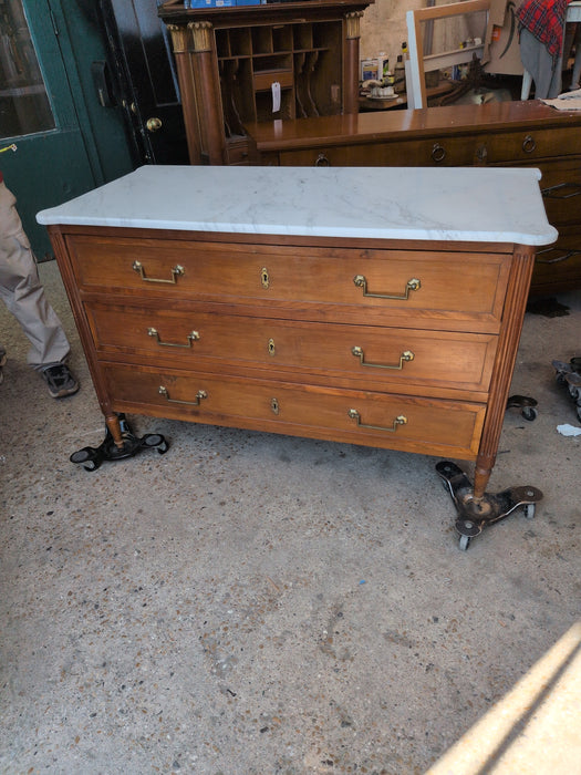 LARGE LOUIS XVI WHITE MARBLE TOP 3 DRAWER CHEST WITH BALE PULLS