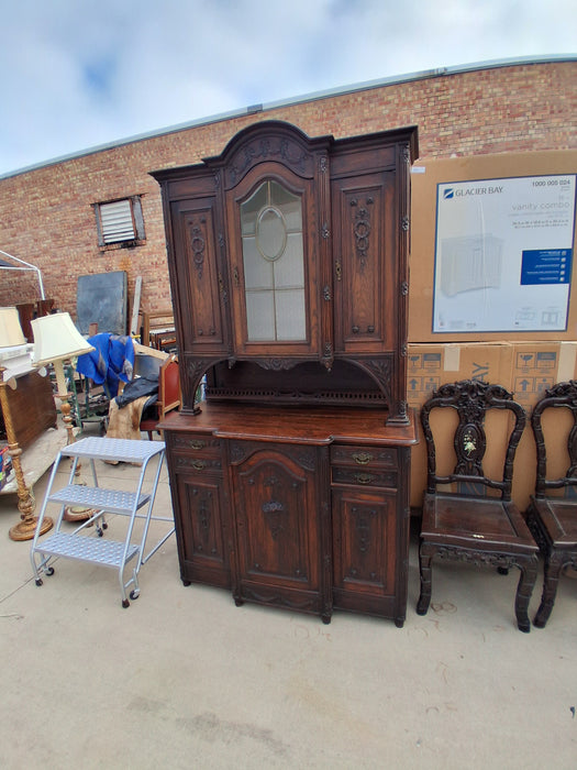 LOUIS XVI OAK BUFFET  DEUX CORPS WITH WREATH AND FLOWER BASKET CARVING