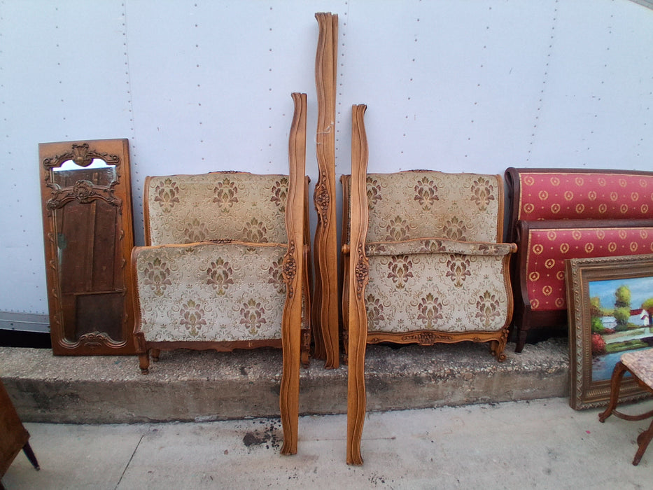 PAIR OF LOUIS XV FLORAL CARVED UPHOLSTERED TWIN BEDS