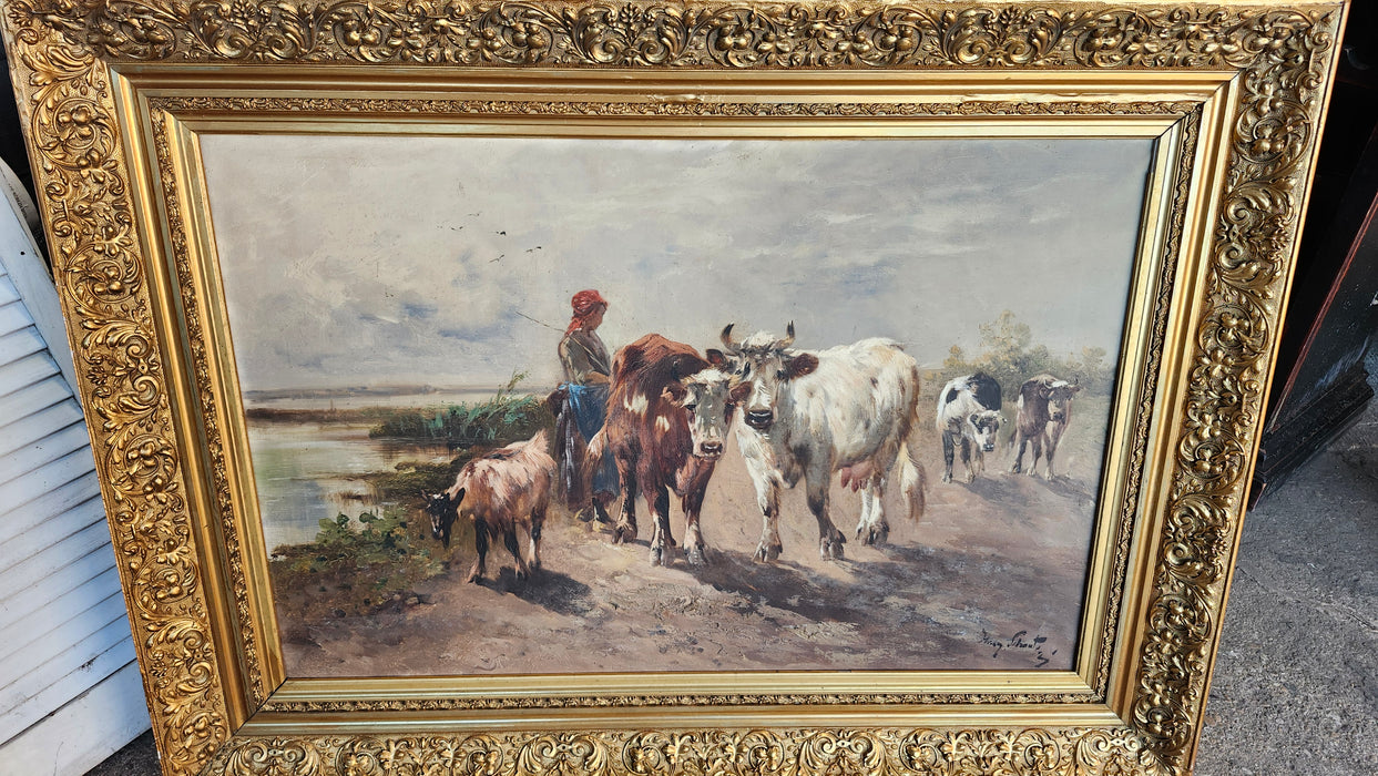 SCHOUTEN LADY WITH COWS OIL PAINTING