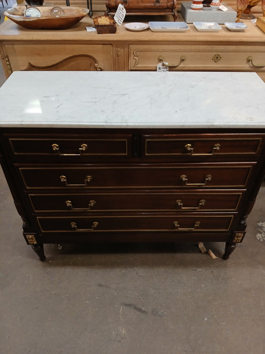 SHALLOW 5 DRAWER LOUIS XVI MAHOGANY MARBLE TOP CHEST WITH BRASS TRIM