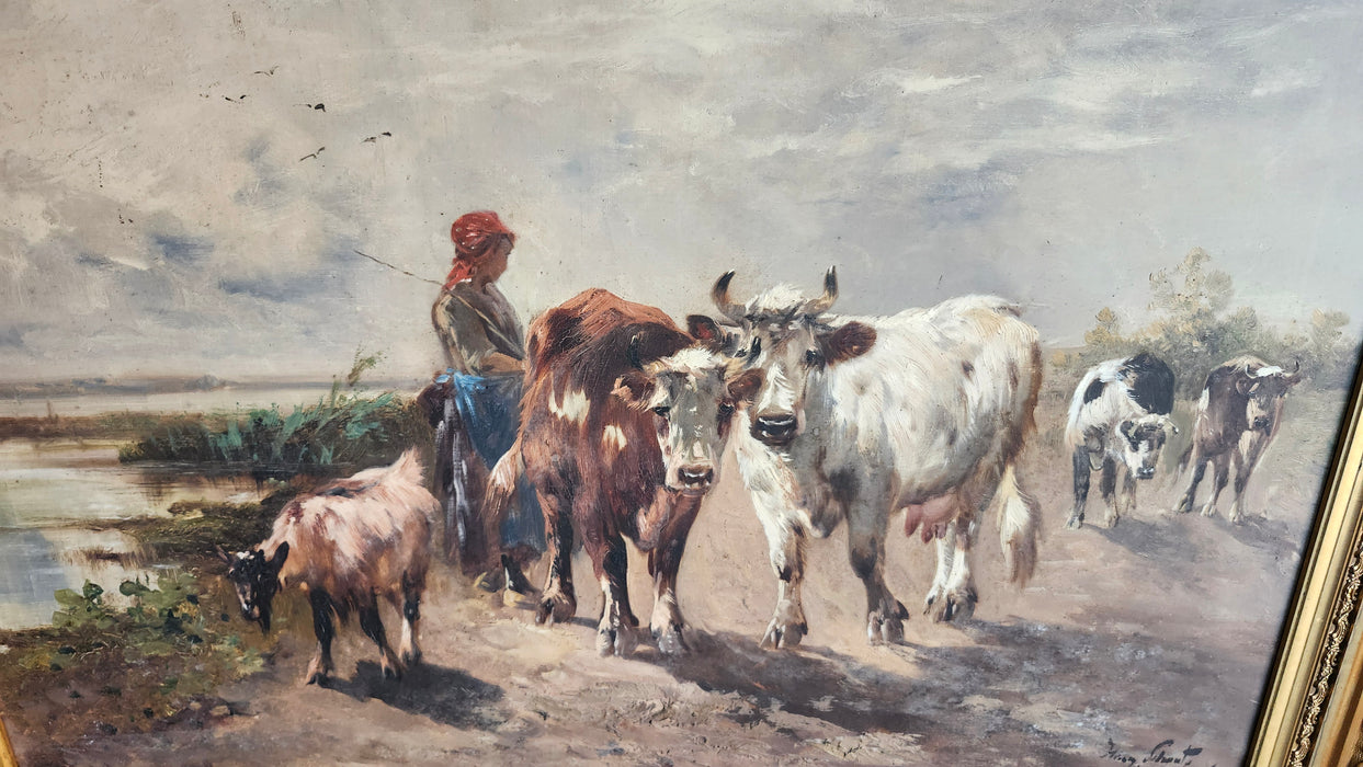 SCHOUTEN LADY WITH COWS OIL PAINTING