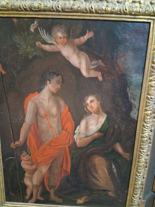 LARGE FRAMED 18TH CENTURY RELIGIOUS OIL PAINTING WITH CHERUB