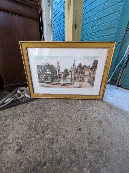 AQUATINT ETCHING OF A TOWN ON A CANAL SIGNED ROGER HEBBELINCKE