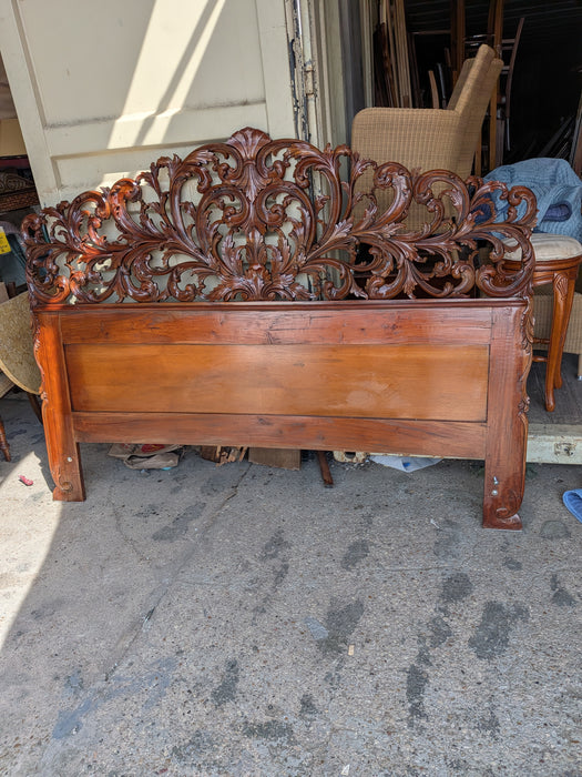 CARVED MAHOGANY KINGSIZE HEADBOARD WITH IRON BED FRAME