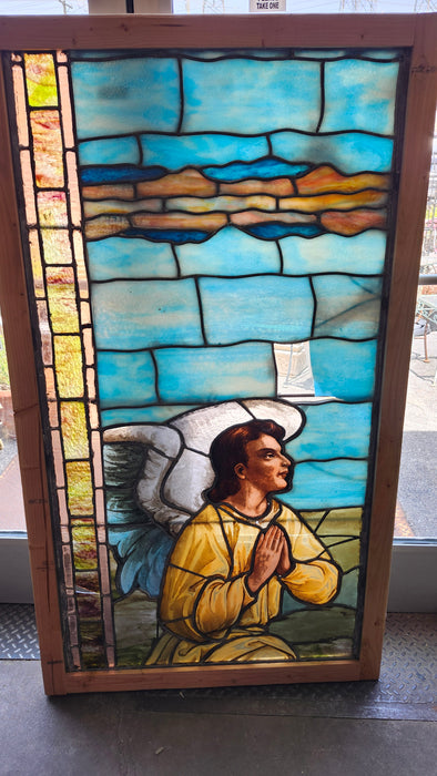 LARGE PAINTED AND STAINED GLASS WINDOW WITH ANGEL AS FOUND